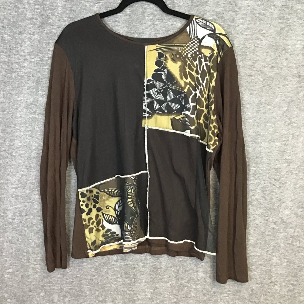 Zoe Abstract Print Sheer Overlay Shirt Blouse Sz XL Brown